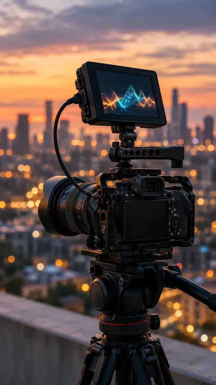 Kinokamera-Rig auf einem Dach in der Dämmerung mit einer Stadtsilhouette und einem kleinen Monitor