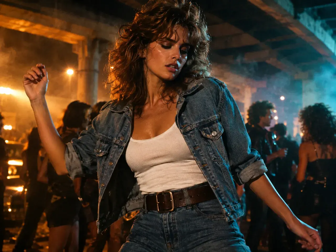 Adult in a faded denim jacket and white tank top dancing in a smoky night party