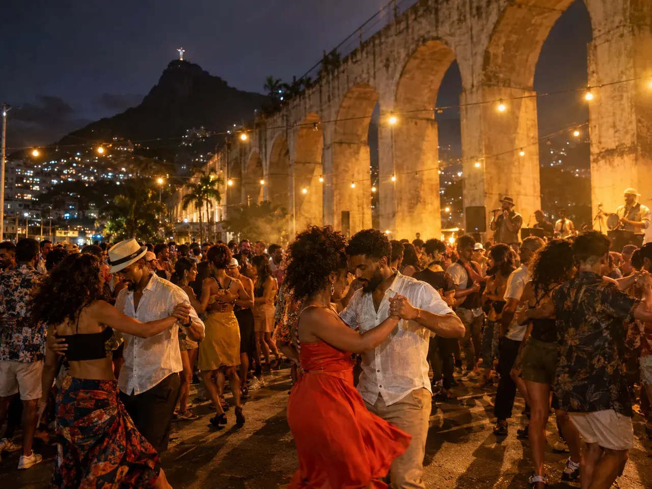 Large plan documentaire d'une fête dansante en plein air et bondée sous un viaduc en béton la nuit