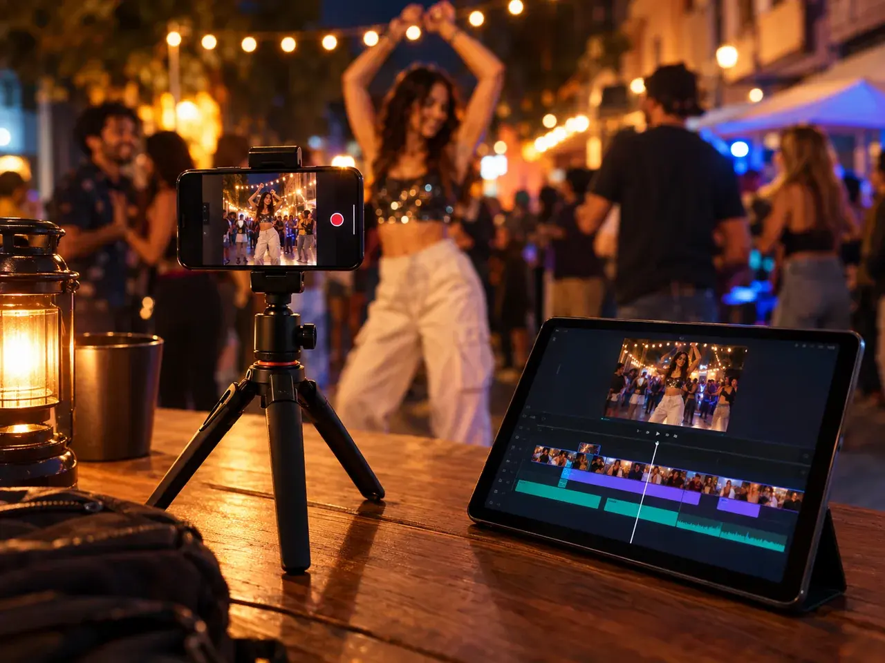 A smartphone on a tripod filming a vertical dance video in a night street party