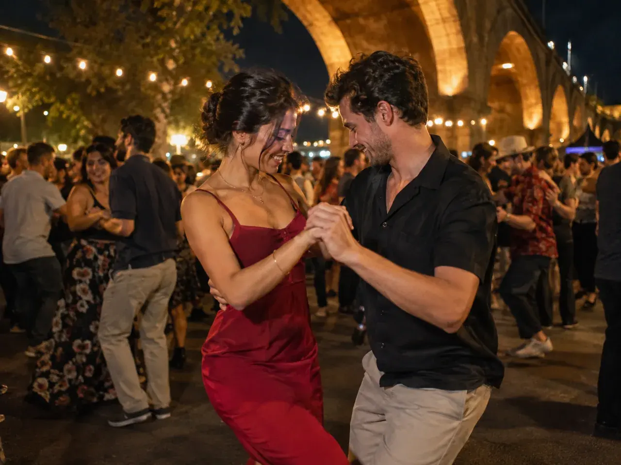Couple dancing close together in a crowded outdoor night dance party