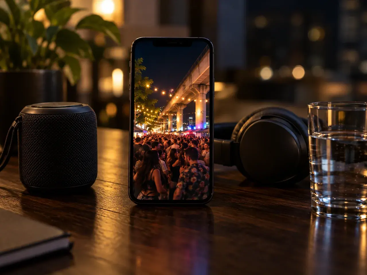 Smartphone on a table showing a vertical dance video with a night street party behind it