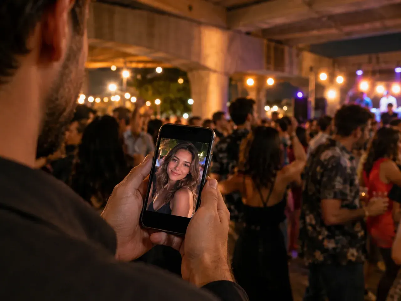 A smartphone filming a portrait while a crowded night dance party blurs in the background