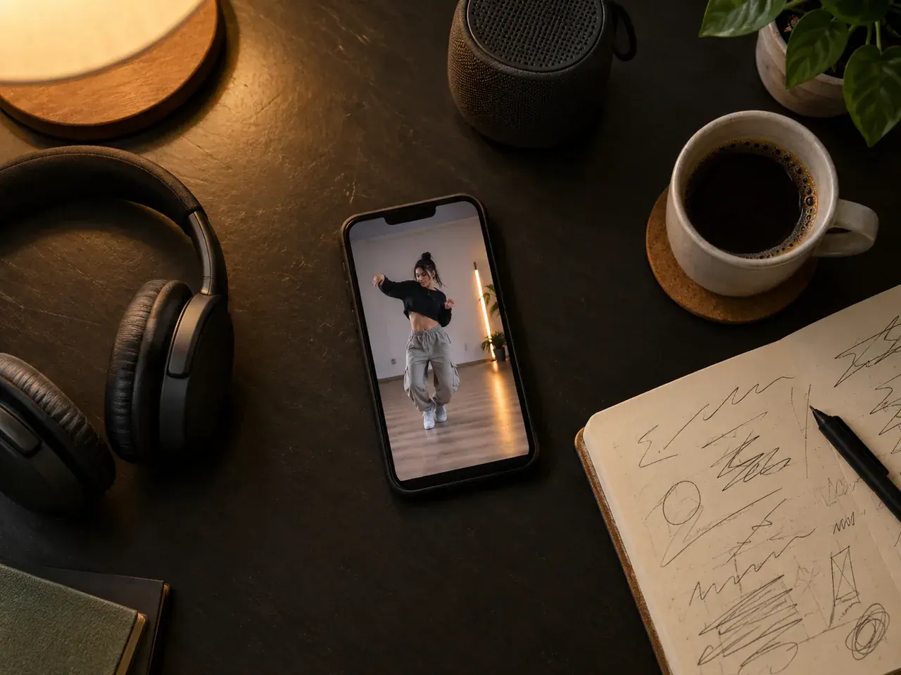 Overhead workspace with a phone showing a vertical dance video, headphones, and a notebook