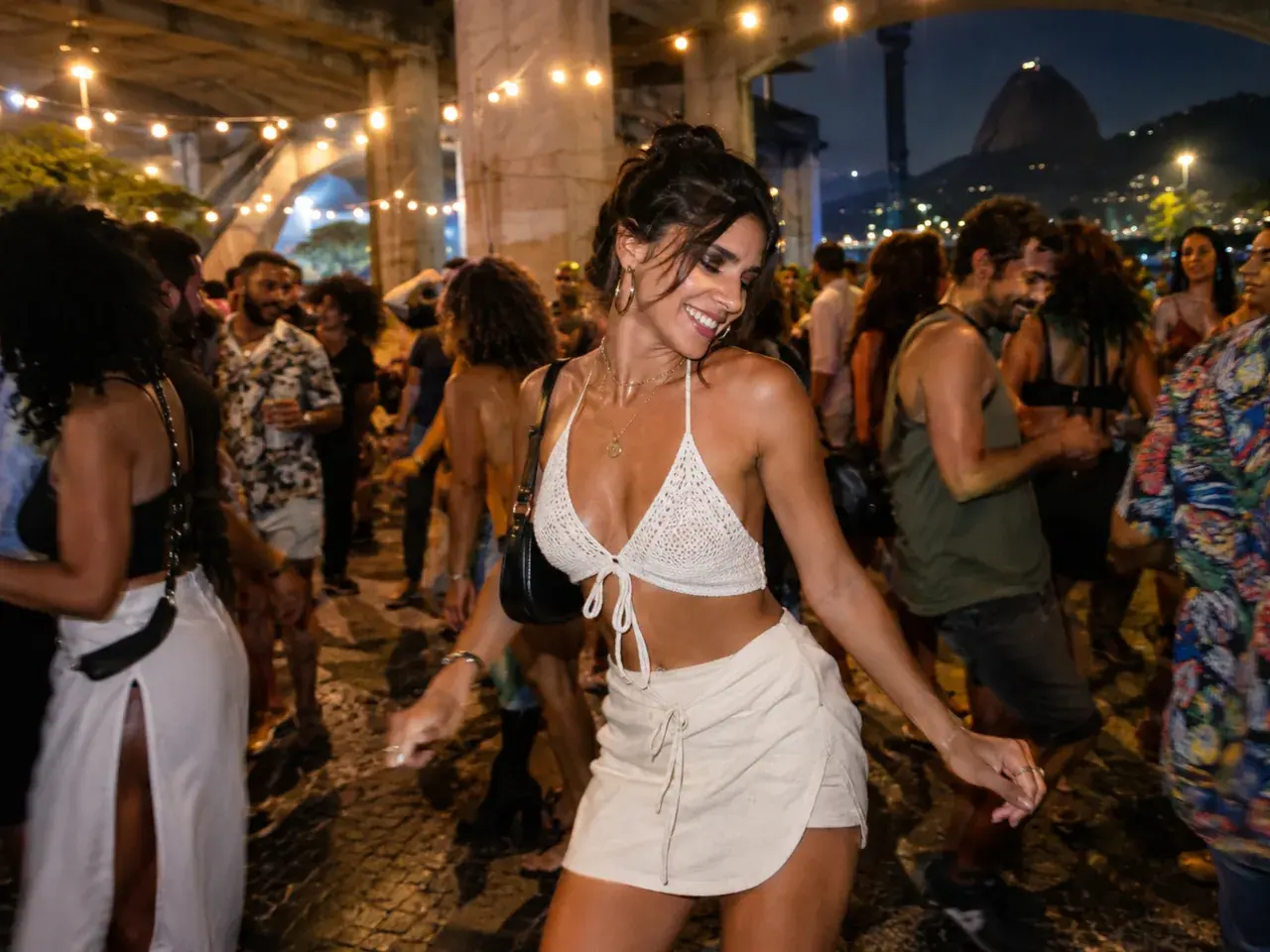 Cinematic still of an adult dancing in a crowded night street party under a concrete viaduct