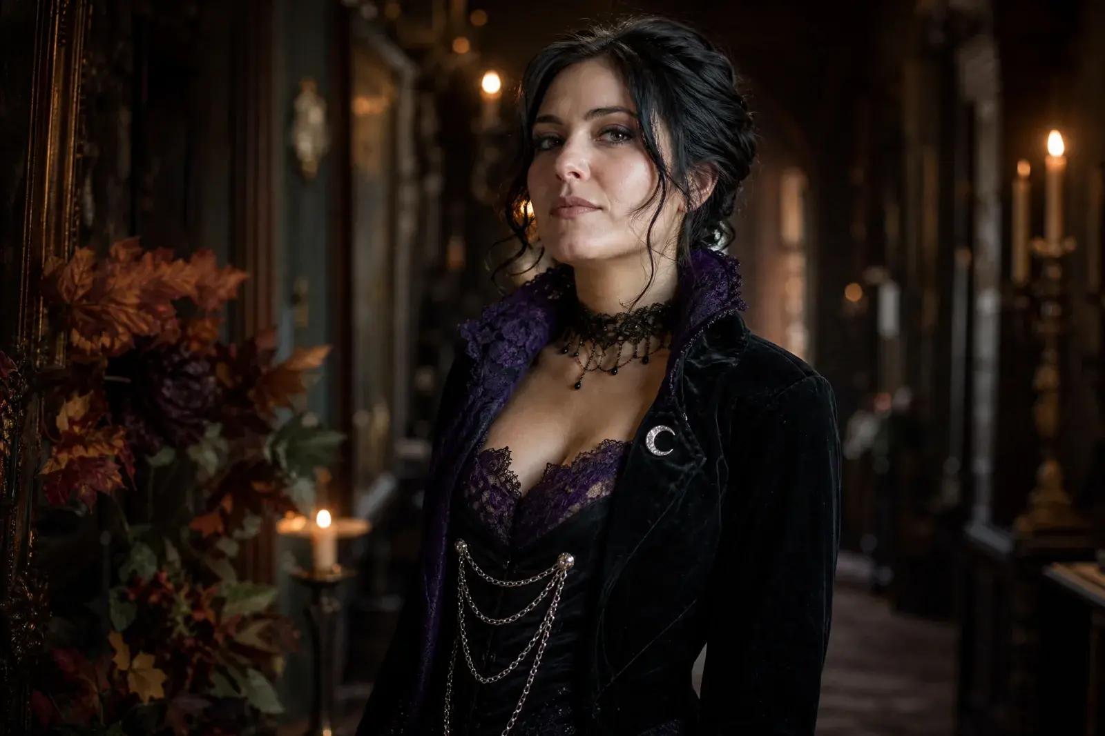 Editorial portrait of an adult in an original gothic Halloween costume with velvet and silver details