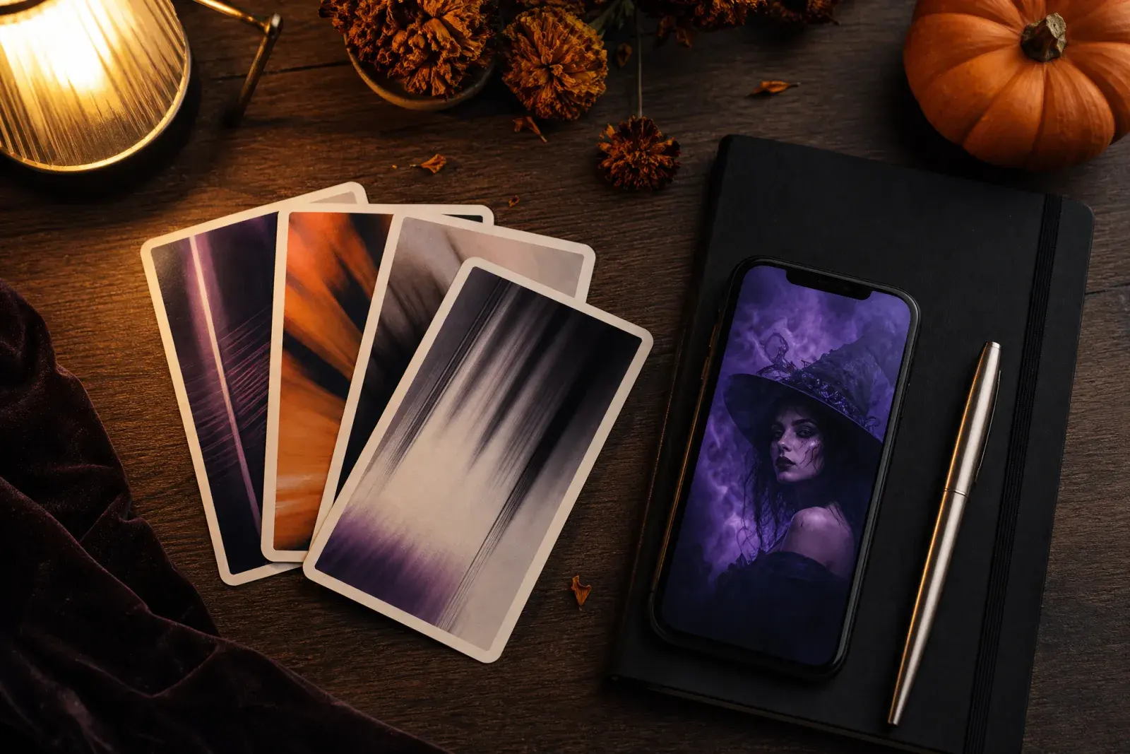 Draufsicht auf Halloween-Prompt-Karten, ein Smartphone mit violettem Porträt und Herbstblumen